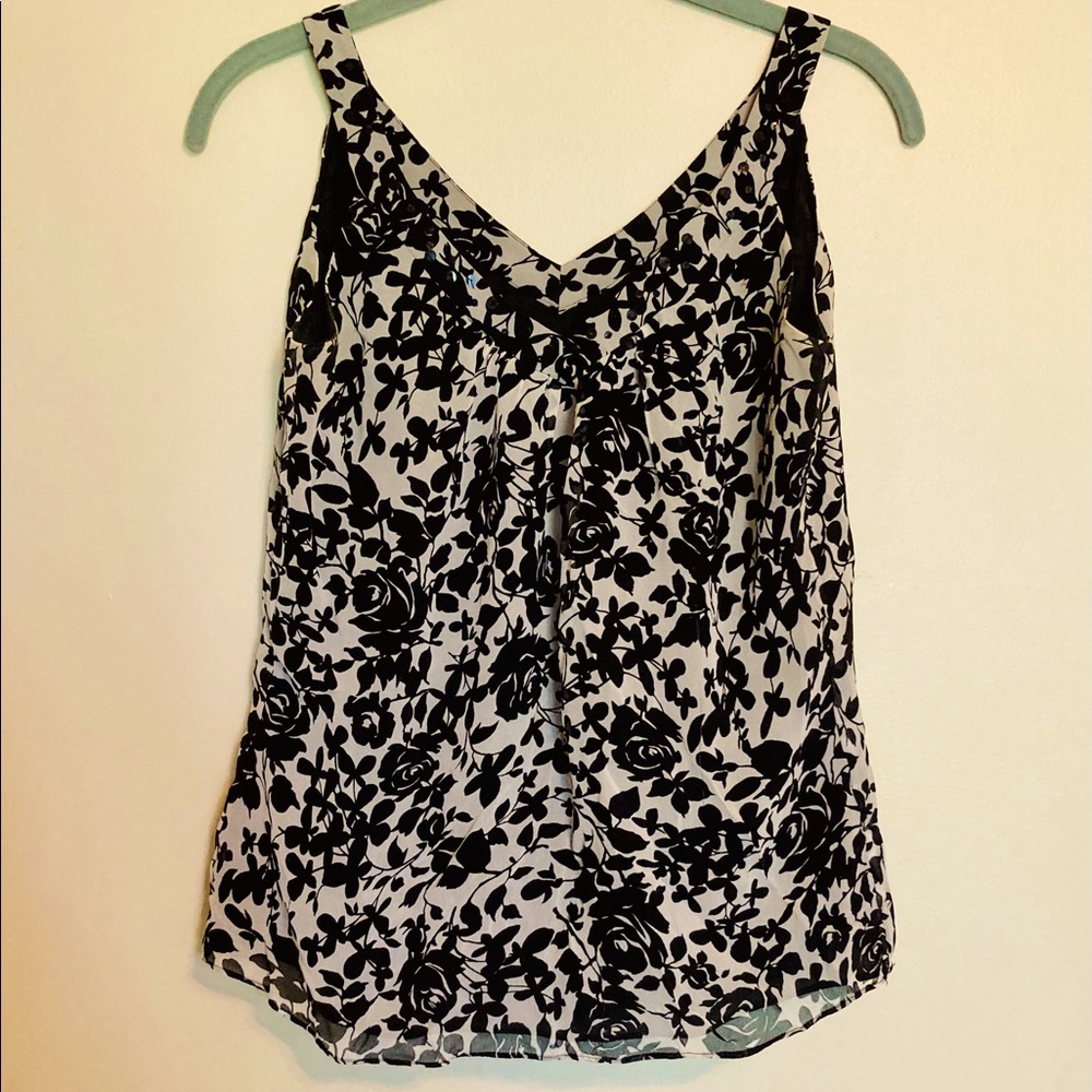 Ann Taylor Silk Floral Overlay Sleeveless Black White Sequin Event Office EUC 2